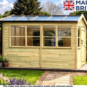 A potting shed with large windows and a glass roof