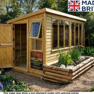A wooden potting shed with glass windows and a door. Quality garden buildings made in Britain.