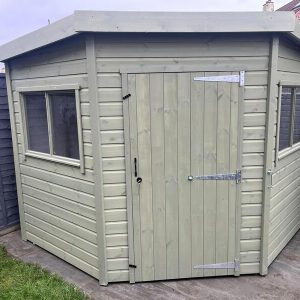 Sapphire 8ft x 8ft Eversley Corner Shed shown stained externally SSEV2