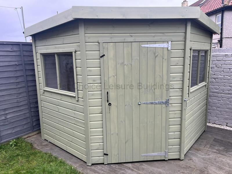 Sapphire 8ft x 8ft Eversley Corner Shed shown stained externally SSEV2