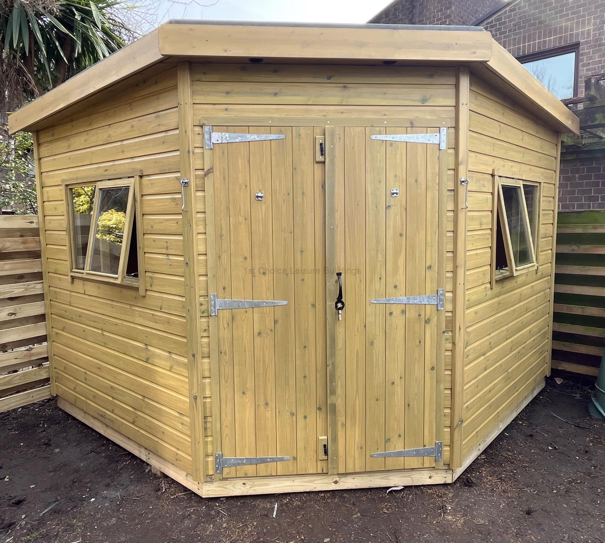 Sapphire 9ft x 9ft Eversley Corner Shed shown with optional 4ft wide double door and long throw security lock SSEV5