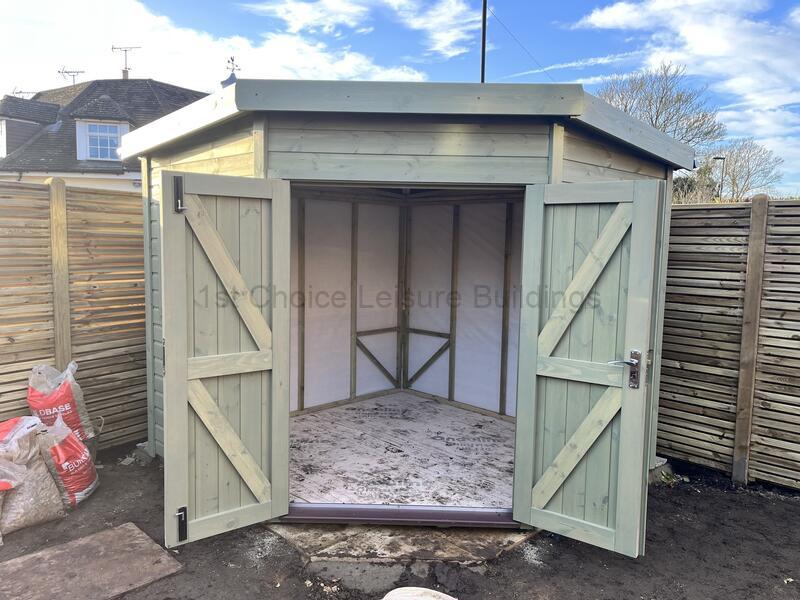 Sapphire 8ft x 8ft Eversley Corner Shed shown with optional 4ft wide Premium double door upgrade and VPL vapour barrier SSEV4