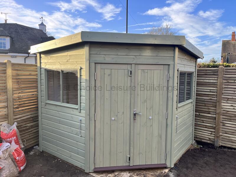 Sapphire 8ft x 8ft Eversley Corner Shed with optional 4ft wide Premium double door and long throw security lock SSEV7