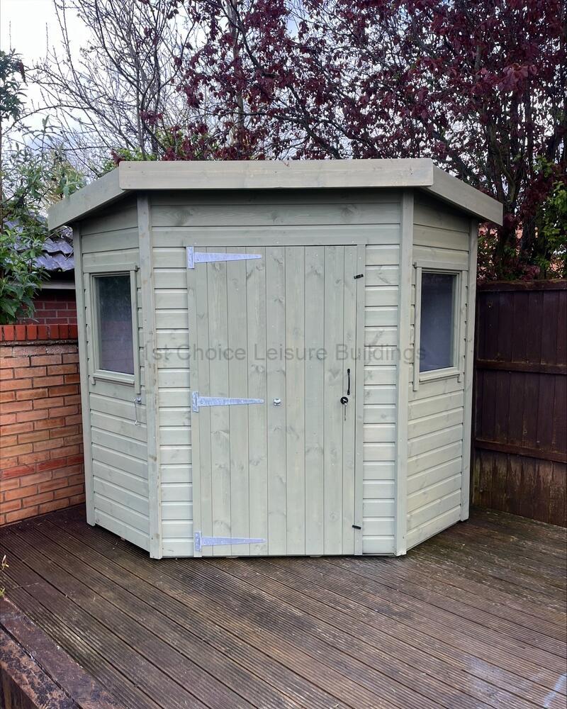 Sapphire 6ft x 6ft Eversley Corner Shed shown stained externally SSEV6