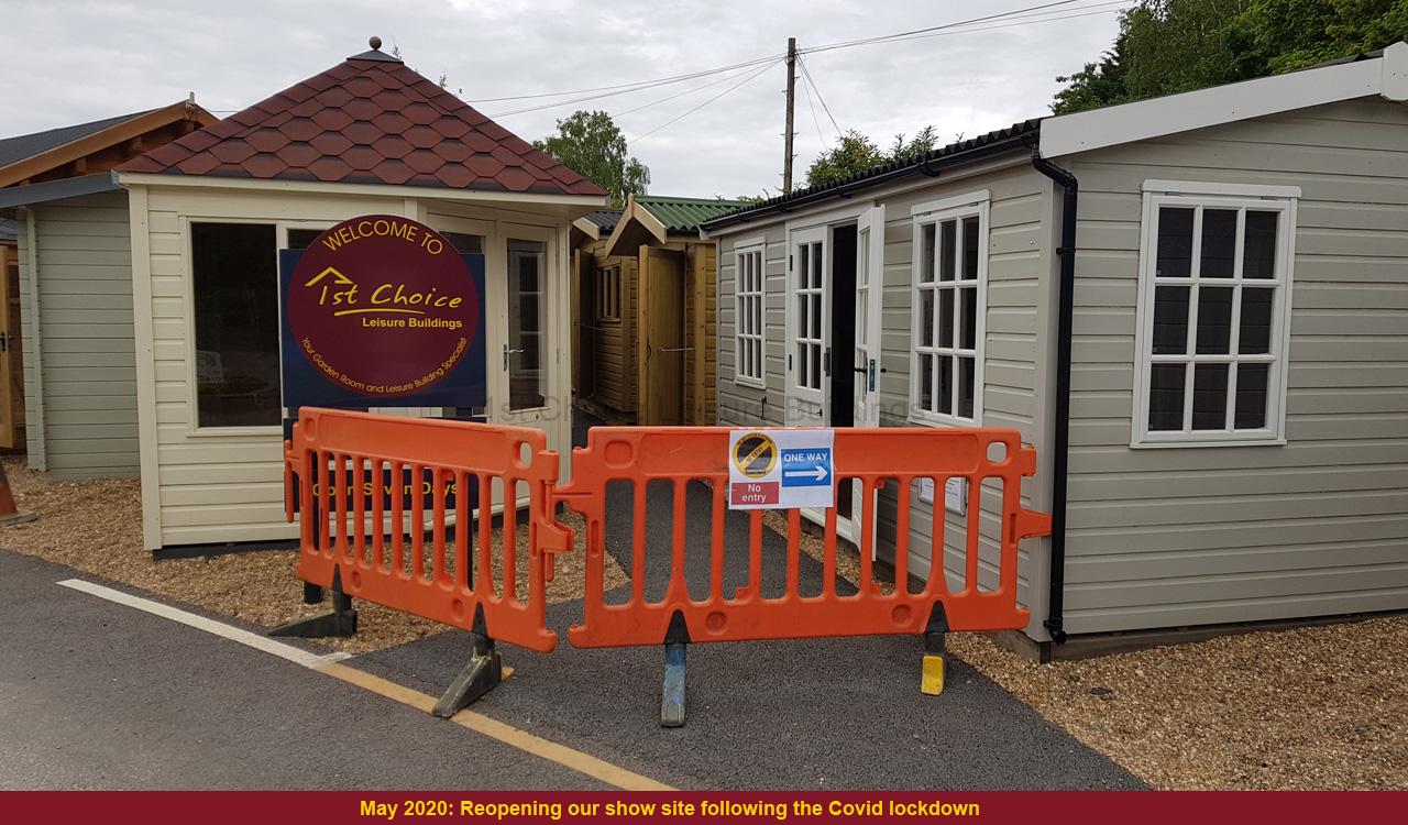 Garden buildings reopening after COVID lockdown A row of garden buildings with a barrier in front. The buildings are various colours.
