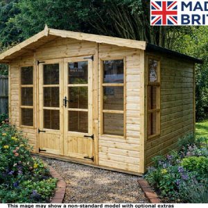A wooden garden summerhouse with glass doors and windows in a garden