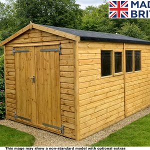 A wooden garden shed with double doors and three windows on the side. The shed is made of light-coloured wood and has a black roof.