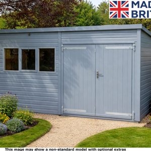 A grey garden workshop with double doors and a window