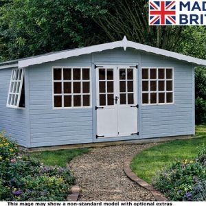 A small blue garden summerhouse with white trim and a white roof, surrounded by flowers and trees. The shed has a double door and several windows.
