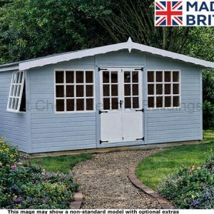 A garden shed with light blue walls, white trim and a white roof. The shed has a double door and several windows.