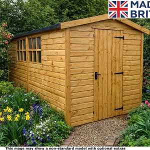 A wooden garden shed with double doors and windows, surrounded by a beautiful garden.