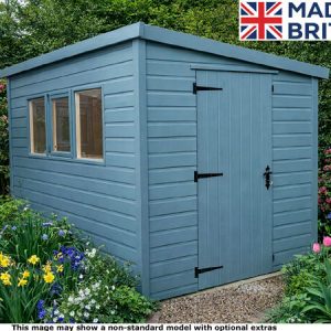 A blue garden shed with windows and doors in a garden. The shed is made in Britain.