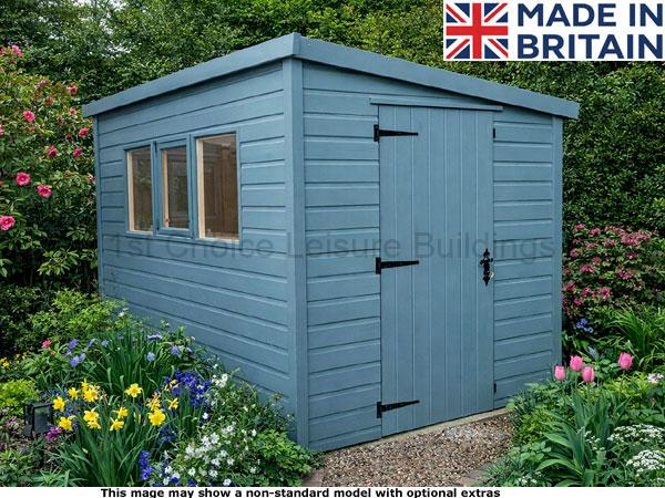 Diamond Chichester Pent 1 A blue garden shed with windows and doors in a garden. The shed is made in Britain.