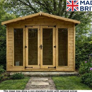 A wooden garden summerhouse with double doors and windows.