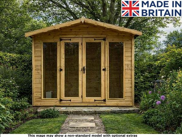 Diamond Keymer Contemporary 1 A wooden garden shed with double doors and windows, surrounded by greenery. A garden path leads to the shed.
