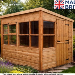 A wooden potting shed with large windows and a door, set amidst a garden.