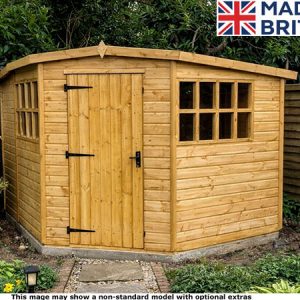 A wooden garden corner shed with double doors and windows. Made in Britain