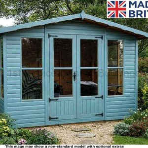 A blue garden shed with double doors and windows. A serene garden background