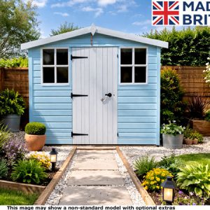 A blue wooden garden shed with a white door and black hinges, set in a well-manicured garden.
