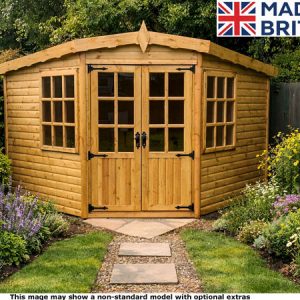 A wooden garden summerhouse with double doors and windows. Made in Britain.