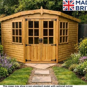 A wooden garden shed with double doors and windows, surrounded by a beautiful garden.