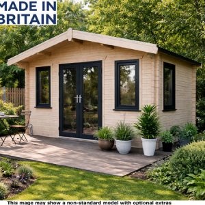A small wooden garden log cabin with black trim and a patio area. The shed has a slanted roof and large glass doors.