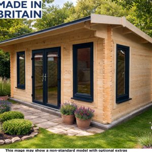 A log cabin with black trim and doors. The shed is surrounded by a well-manicured garden.