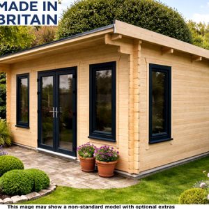 A small, modern log cabin with a black roof and trim, featuring large glass doors and windows.