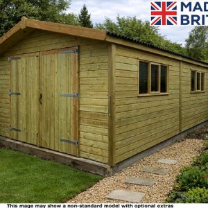 A wooden garden workshop made in Britain with double doors and two windows.