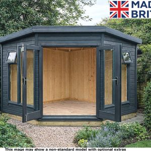 A dark grey pentagonal summer house with open doors