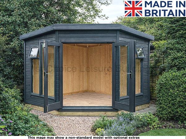 Platinum Bursledon Corner Summer House 1 A dark grey pentagonal summer house with open doors