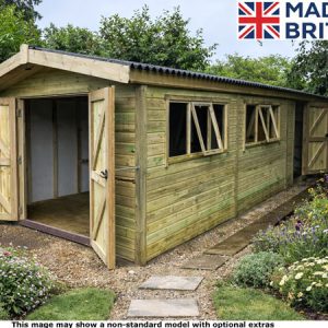 A wooden garden garage with open doors and windows, surrounded by a beautiful garden.
