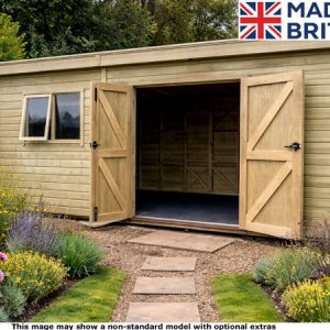 A garden workshop with wooden doors open. The shed has a small window on the left side.