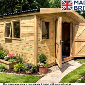 A small wooden shed with a garden around it. The shed has two windows and an open door.