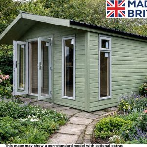 A green garden summerhouse with white trim and doors open to show the interior. The shed is surrounded by a beautiful garden.