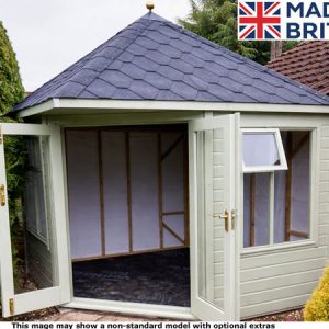 A garden room with double doors and a window, empty interior.