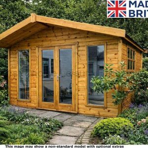 A wooden garden shed with glass doors and windows, surrounded by a beautifully maintained garden.