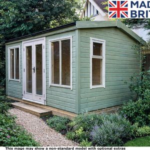 A green wooden summerhouse with white trim and doors. A garden shed with large windows.