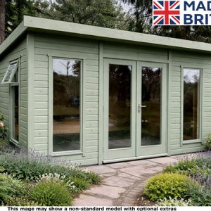 A green garden shed with large windows and doors. Made in Britain