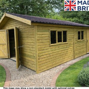 A wooden garden workshop with double doors and windows