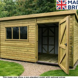 A wooden garden workshop with an open door and window. Made in Britain