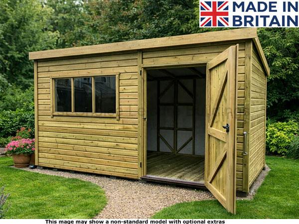 Southampton Pent 1 A wooden garden workshop with an open door and window. Made in Britain