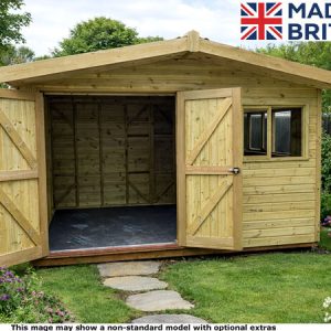 A wooden garden workshop with its doors open and a window to the right. The shed is made of light-coloured wood and stands on a green lawn.