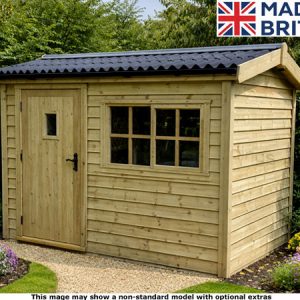 A small wooden workshop with a black roof and window.