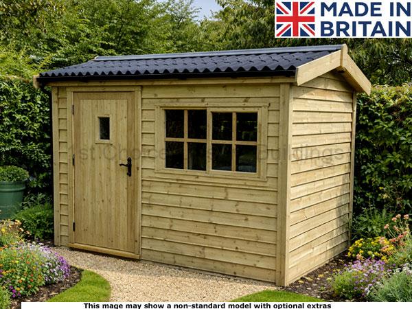 Portsmouth Apex Sheds 1 A small wooden workshop with a black roof and window.