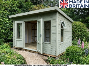 Garden summerhouse with open doors and windows. Made in Britain.