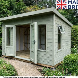 A green garden shed with open doors and windows. Made in Britain.