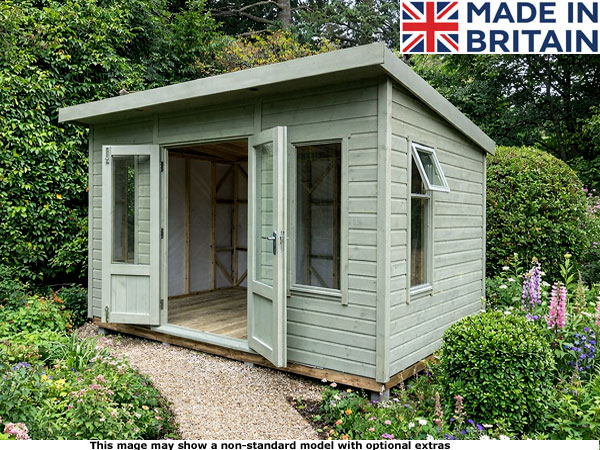 Platinum Twyford Pent 1 A green garden shed with open doors and windows. Made in Britain.
