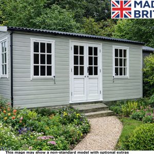A small grey garden building with white trim and doors. The building has a garden path leading to it.