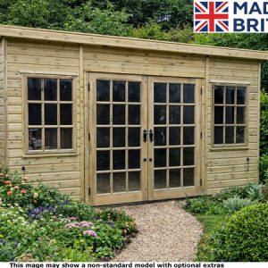 A wooden garden summerhouse with double doors and windows, surrounded by a garden.